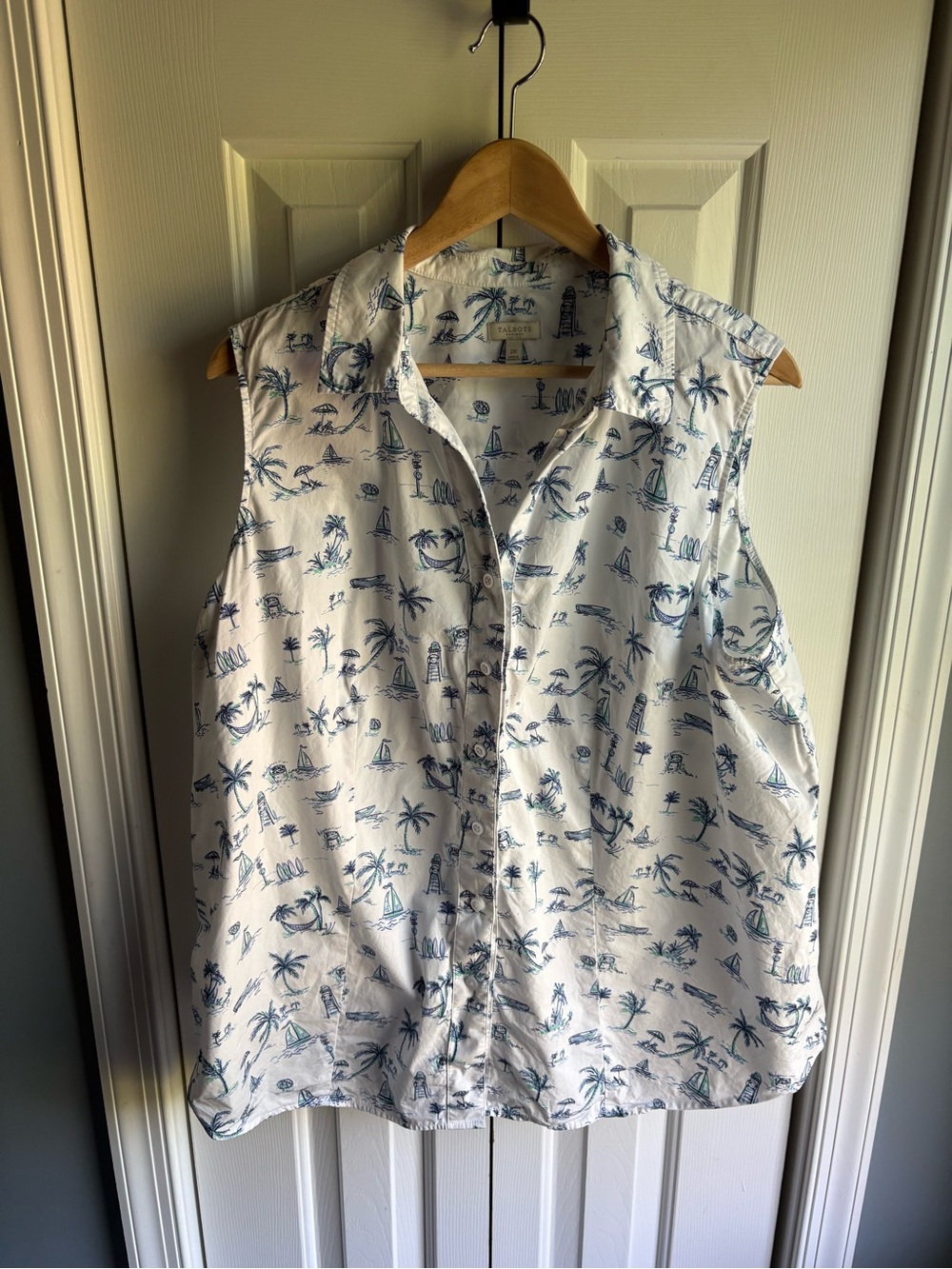 Talbots Sleeveless Button-Down Blouse White w/Blue Nautical Boat Print Size 2X